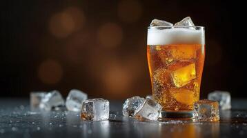 A refreshing glass of ice-cold beer with frothy head and ice chunks, set against a dark, blurred background. photo