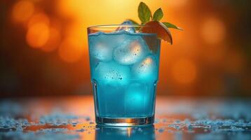 Blue glass filled with ice cubes, garnished with an orange slice and leaves. photo