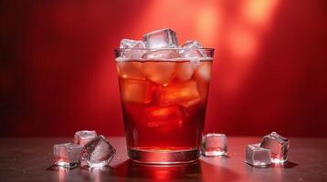 A glass container filled with a reddish liquid, surrounded by ice cubes against a red background. photo