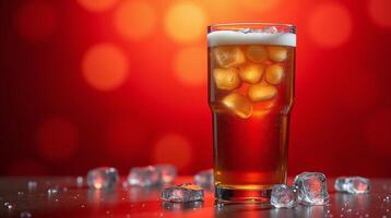 A glass of frothy beverage adorned with ice cubes. photo