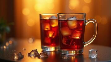 Two transparent glasses filled with red liquid, containing ice cubes, set against a warm, bokeh-lit backdrop. photo