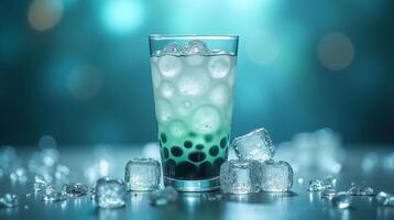 Tantalizing close-up of a refreshing beverage with ice cubes, expertly captured. photo