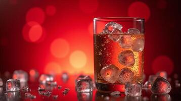 A glass filled with a sparkling beverage and ice cubes on a vibrant background with bokeh lights. photo