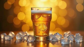 Illuminated ice cubes temper a glass of golden liquid. photo