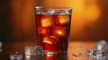 A glass filled with a dark, amber beverage adorned with ice cubes, set against a warm, blurred background. photo