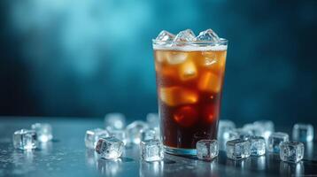 A glass filled with an amber-colored beverage, adorned with ice cubes, rests on a glass surface against a blurred blue backdrop. photo