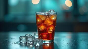 A refreshing glass of dark soda with ice cubes on a table. photo
