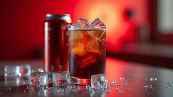 A glass of soda, ice, and a soda can on a table. photo