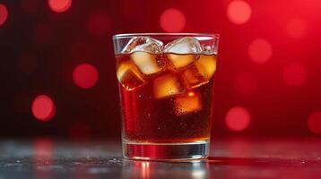 A glass of ice-cold beverage against a vibrant, blurred red background. photo
