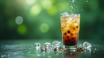 An ice-cold refreshing beverage adorned with floating bubbles and garnished with ice cubes and pearls. photo