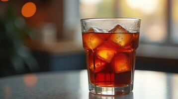 A glass of iced tea with ice cubes, set on a table by a window. photo