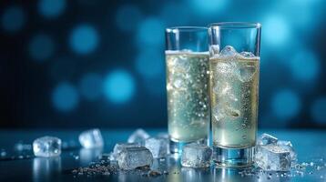 Two elegant glasses filled with a frothy, bubbly beverage, adorned with ice cubes, set against a backdrop of soft, blue bokeh lights. photo