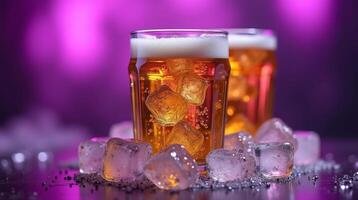Vibrant, illuminated beverages with ice, exuding a festive ambiance. photo