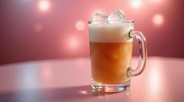 A beautifully presented glass mug with a frothy drink and ice cubes, set against a softly lit backdrop. photo