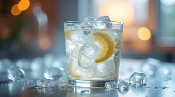 Clear glass filled with ice, lemon slice, and bubble liquid on a table. photo