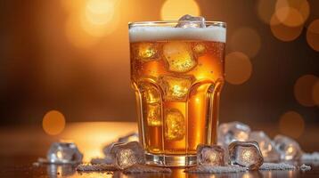 A glass filled with amber liquid, frothy head, and ice cubes against a blurred light background. photo