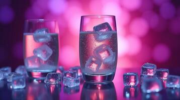 Two glasses filled with icy beverage and cubes of ice on a reflective surface against a vibrant, bokeh background. photo