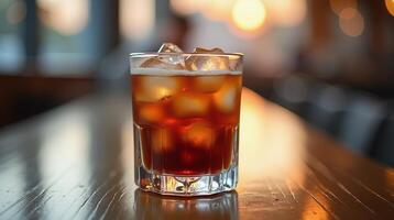 Delightful amber beverage in a glass with ice, against a softly blurred backdrop. photo
