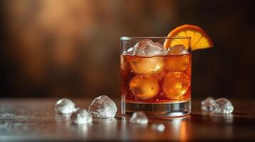 el imagen caracteristicas un pintoresco vaso lleno con un vibrante ámbar líquido, adornado con un Fresco naranja rebanada y rodeado por dispersado hielo cubitos en contra un borroso, calentar fondo. foto