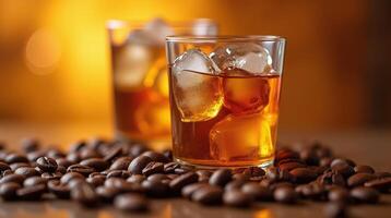 Two glasses filled with amber-colored liquid, adorned with ice cubes amidst a bed of coffee beans, set against a soft, warm background. photo