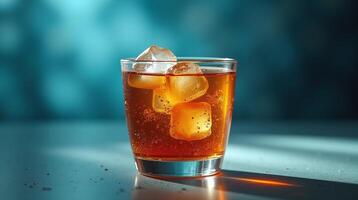 The image depicts a transparent glass filled with a reddish-brown liquid, containing three ice cubes and a few bubbles, set against a blue background. photo