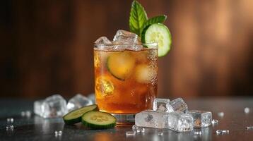 The image depicts a refreshing beverage with ice cubes, cucumber slices, and a garnish of mint leaves. photo