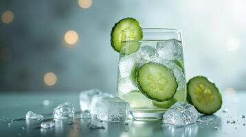 Cucumber-infused beverage with ice cubes on a dimly lit surface. photo