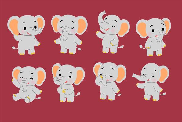 Collection of Cute Cartoon Elephants with Various Poses and Emotions