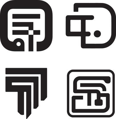 Four abstract, minimalist black logos, perfect for technology, gaming, or futuristic branding.