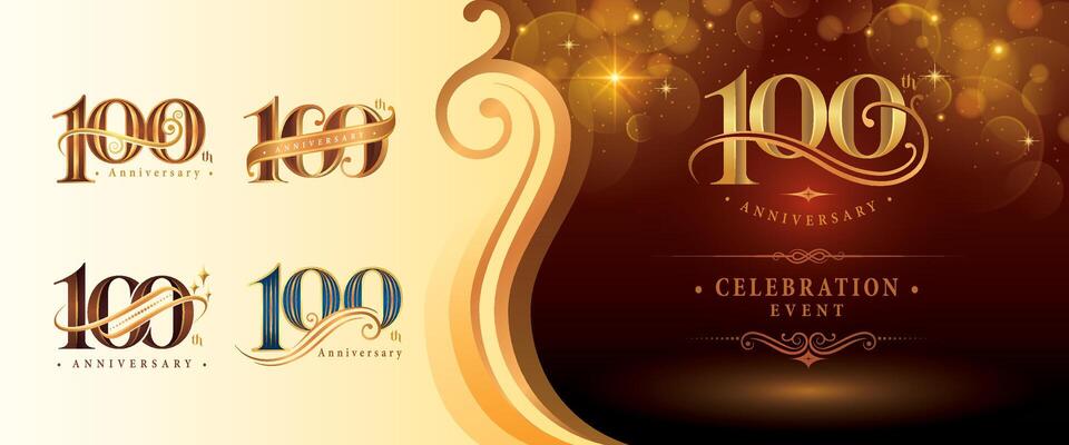 Set of 100th Anniversary logotype design, Hundred years Anniversary Logo, Elegant Classic Logo, Luxury Vintage and retro Serif Number 100, Celebrating Anniversary Logo