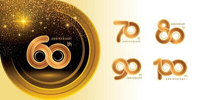 Set of 60 to 100 years Anniversary logo design, Celebrating Logo. Abstract Infinity Rounded Inline number 60, 70, 80, 90, 100 year Infinity loop logo, Gold Infinity multiple Round line vector