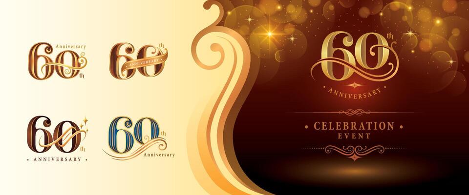 Set of 60th Anniversary logotype design, Sixty years Anniversary Logo, Elegant Classic Logo, Luxury Vintage and retro Serif Number 60, Celebrating Anniversary Logo