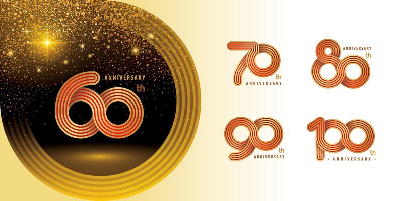 Set of 60 to 100 years Anniversary logo design, Celebrating Logo. Abstract Infinity Rounded lines number 60, 70, 80, 90, 100 year Infinity loop logo, Gold Infinity multiple Rounded linear