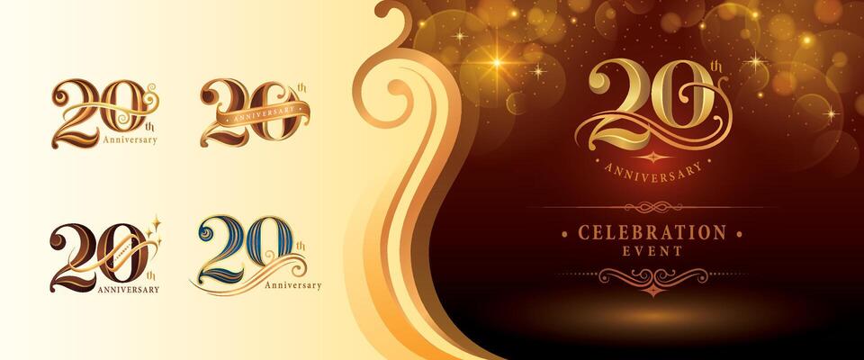 Set of 20th Anniversary logotype design, Twenty years Anniversary Logo, Elegant Classic Logo, Luxury Vintage and retro Serif Number 20, Celebrating Anniversary Logo