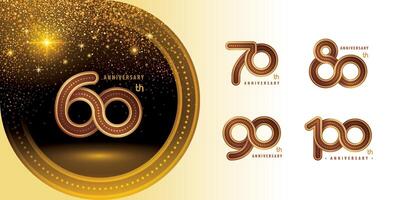 Set of 60 to 100 years Anniversary logo design, Celebrating Logo. Abstract Infinity Rounded Lines and Dots number 60, 70, 80, 90, 100 year Infinity loop logo, Gold Infinity multiple Round line vector