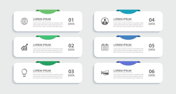 infographic 6 data rectangle tab index template. Illustration business abstract background.