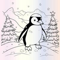 Penguin in the snow coloring page vector