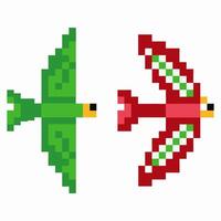 Pixel art birds, green and red, retro game graphics vector