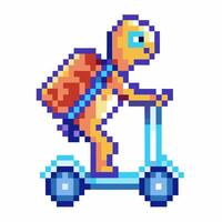 pixel art turtle on scooter with backpack retro gaming style, amateur graphics, playful ride vector