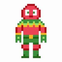 Pixel art superhero in red and green costume, retro game character design vector