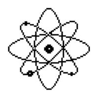 pixelated atomic structure diagram simplified atomic model, representing electrons orbiting nucleus in pixel art vector