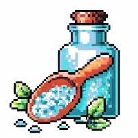 pixel art potion bottle with spoon and herbs retro gaming alchemy, fantasy elixir in glass jar vector