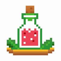 Pixel art potion bottle with red liquid and greenery elements on display vector