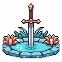 Pixel art sword in medieval fantasy stone retro game design vector