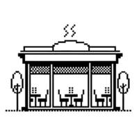 pixel art cafe with steam rising black and white retro dining scene, minimalistic chairs and tables, trees vector