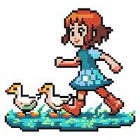 Pixel art girl running with ducks in a vibrant field retro gaming, nostalgic 8 bit style, playful scene vector