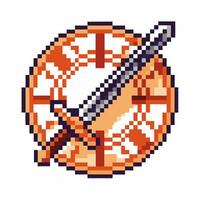 Retro pixel art clock with swords crossed, vintage gaming design vector