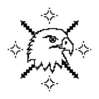 Pixel art eagle head with crossed arrows and stars, symbolizing strength and precision vector