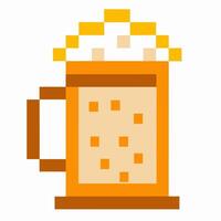 pixel art beer mug with frothy top retro 8 bit drink, orange and brown tones, digital beverage design vector