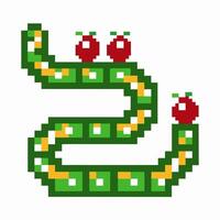 Pixel snake game, green serpent eating apples retro arcade, vintage 8 bit graphics vector